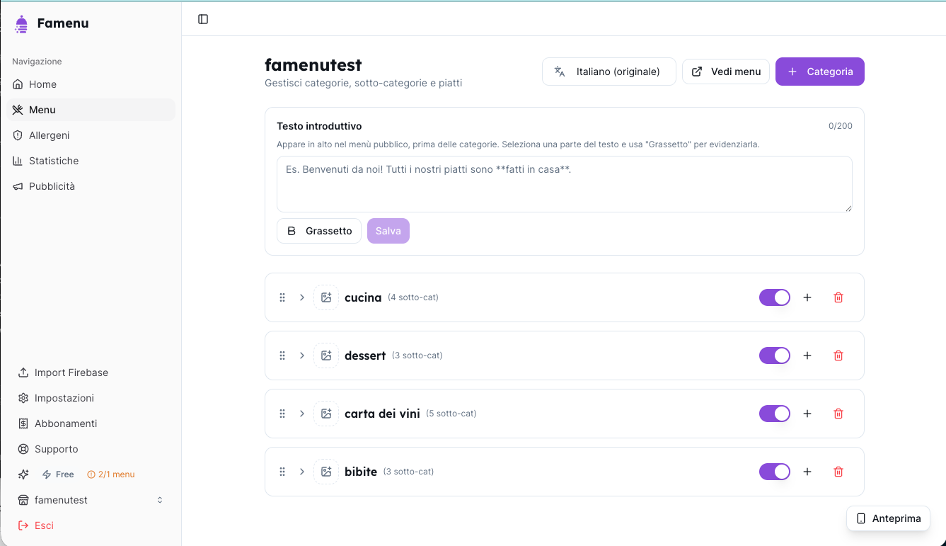Dashboard FaMenu per la gestione del menù digitale