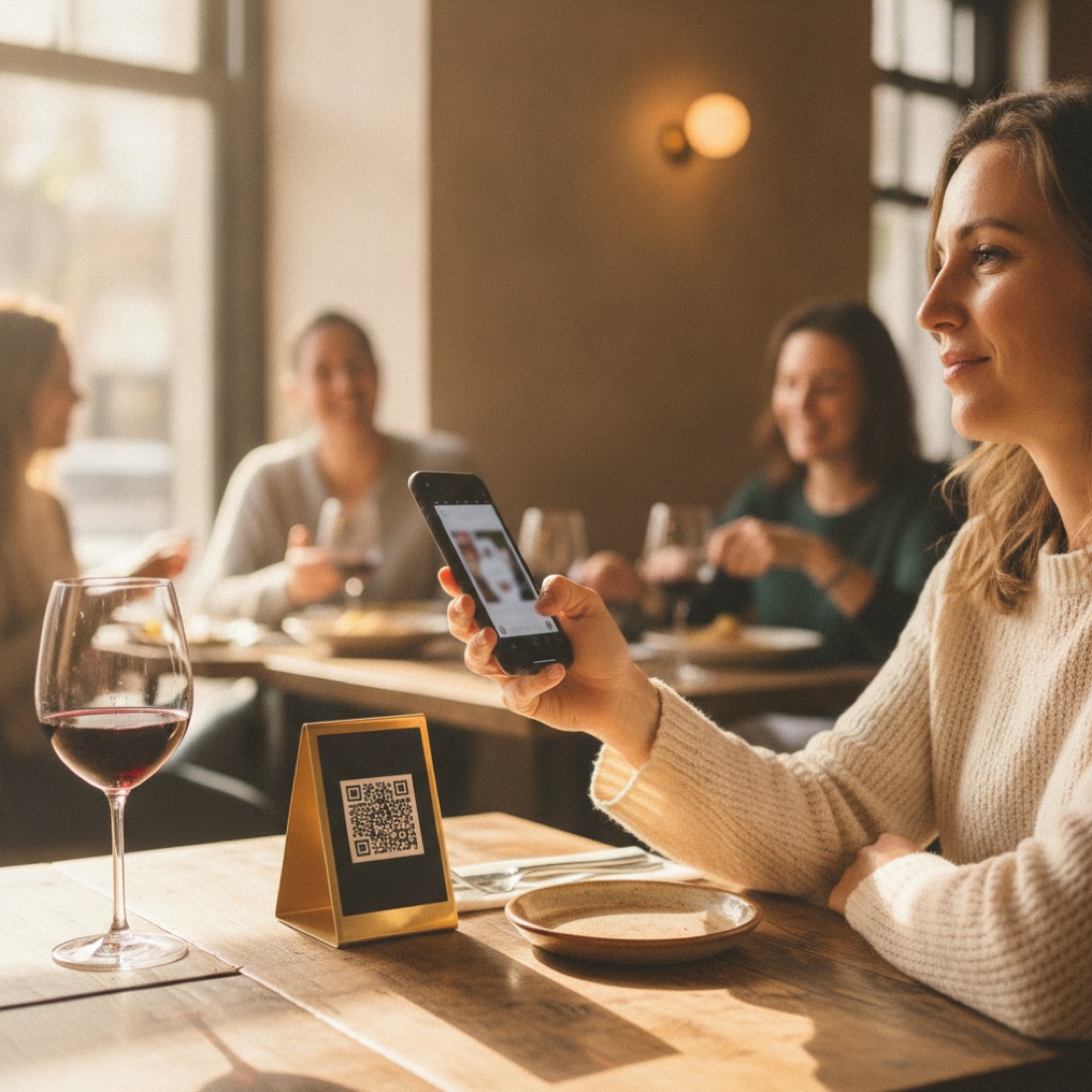 Cliente scansiona il QR code del menù al tavolo del ristorante